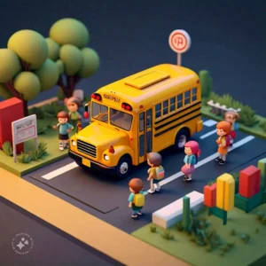 cartoon school bus with people walking front it